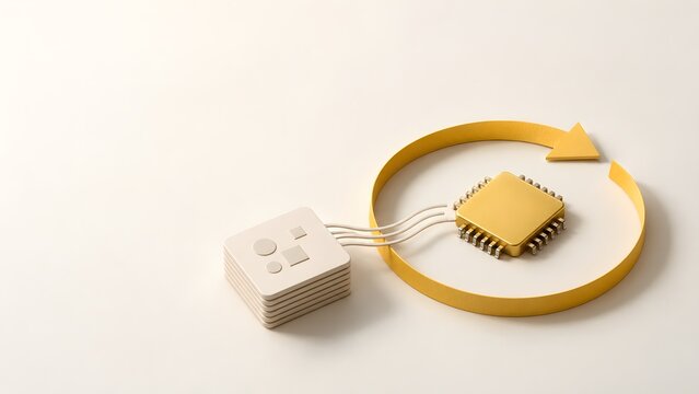 Gelber Mikrochip mit Kreispfeil und Datenkarten als Symbol f&uuml;r das Training maschineller Lernmodelle