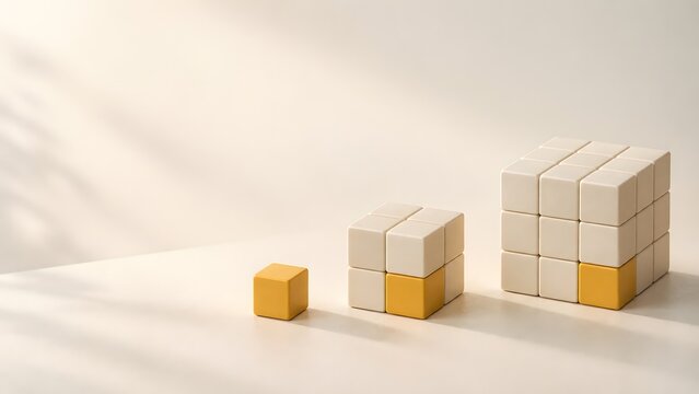Wachsende W&uuml;rfelstrukturen mit gelben Bausteinen als Symbol f&uuml;r Skalierung und Unternehmenswachstum