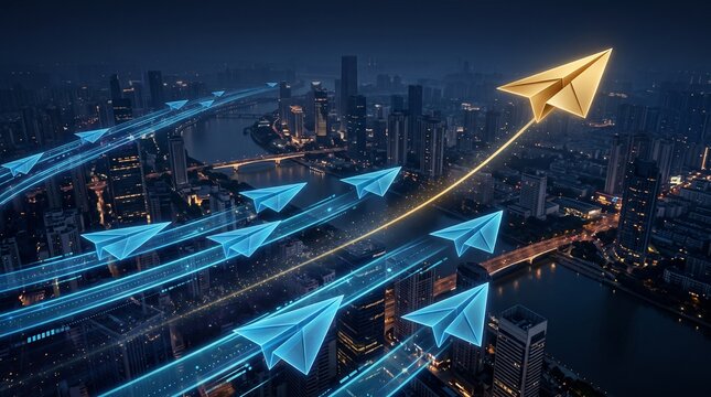Urban Business Growth With Forward Digital Arrows Representing Market Expansion, Smart Economy and Future City Development