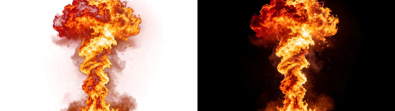 Png of massive fiery explosion with swirling flames and smoke, creating a powerful mushroom cloud effect, highenergy combustion isolated on transparent background