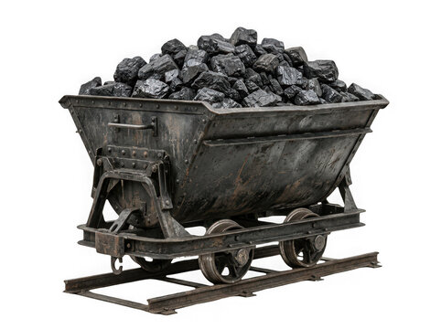 Old rusty mine cart filled with coal isolated on transparent background