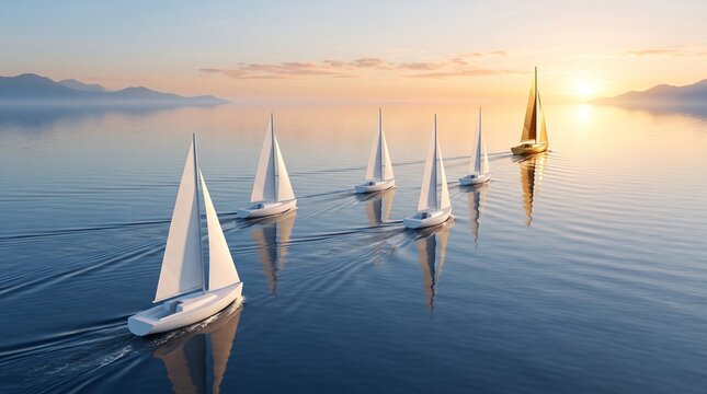 Leadership Direction With Sailboats Moving Toward Success Representing Strategic Vision, Team Alignment and Competitive Business Progress