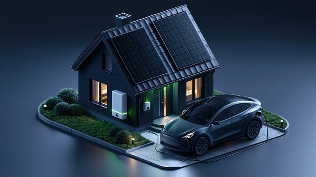 Isometric 3D render of modern dark smart house with rooftop solar panels home battery storage and electric vehicle charging clean renewable energy concept