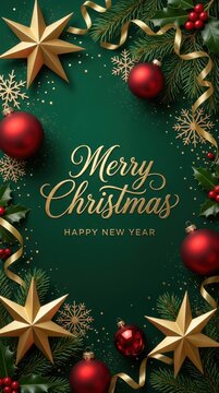 Merry christmas and happy new year greeting card with gold stars red ornaments and snowflakes on a dark green background