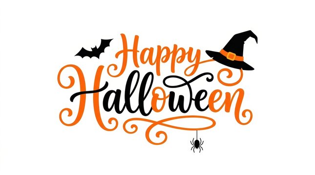 Happy halloween greeting text with a black witch hat bat and spider illustration for holiday party invitation design and festive seasonal celebration card graphics