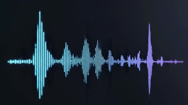 Sound wave visualization pulsing with blue and purple gradient light during audio analysis for digital media production