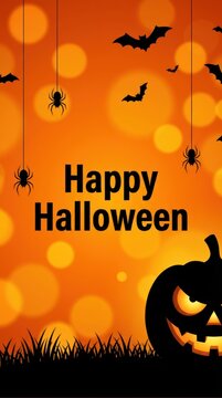 Happy halloween greeting card design with a spooky pumpkin jack o lantern silhouette hanging spiders and flying bats against a blurry festive orange background