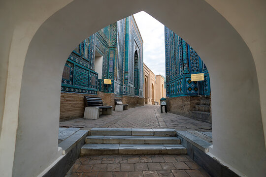 Shah-i-Zinda necropolis in Samarkand, Uzbekistan. Avenue of mausoleums with blue tile domes. Ancient burial. Timurid and Karakhanid architecture.