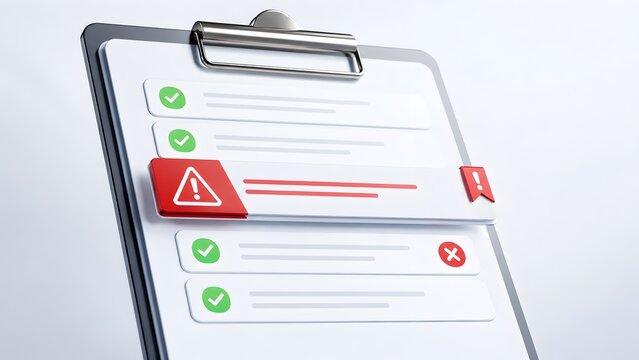 3D Render of a Clipboard Checklist Highlighting a Red Warning Alert Error Among Green Approved Tasks