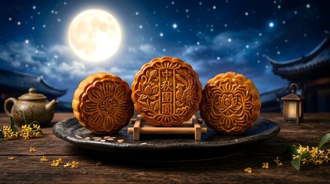 Celebrating the mid autumn festival a radiant full moon illuminates traditional mooncakes symbolizing family reunion and harvest gratitude under a