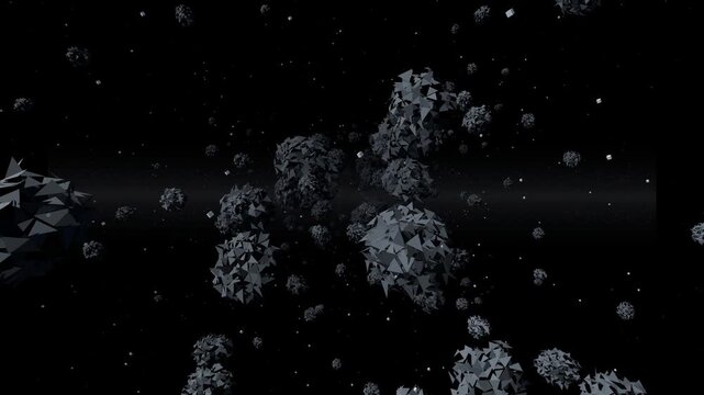 Cinematic dense 3D asteroid field fly-through animation featuring universal stream-based particle movement, luminous Milky Way galactic band, and enhanced lateral space rim lighting.