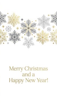 Merry christmas and happy new year greeting card design with decorative black and pale yellow snowflakes border pattern for winter holiday season celebrations and events