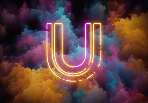 Glowing neon letter u symbol surrounded by vibrant multicolored clouds of smoke and vapor