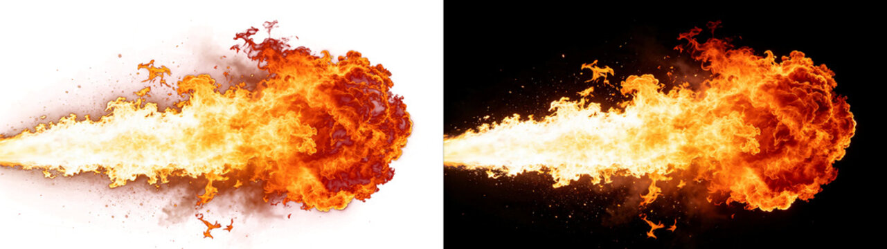 Png of dynamic burst of fire with intense flames and glowing embers, isolated on transparent background