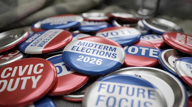 Assorted 2026 midterm election buttons and civic duty pins.