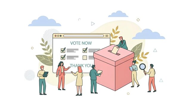 Cartoon people voting at large ballot box.