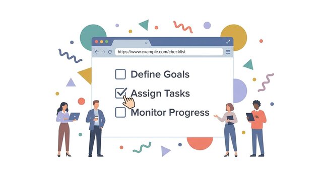 Business team managing digital task checklist.