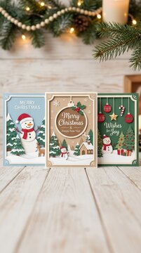 Three festive christmas greeting cards with snowman and holiday decorations on a rustic wooden table with pine branches and warm glowing lights in the background
