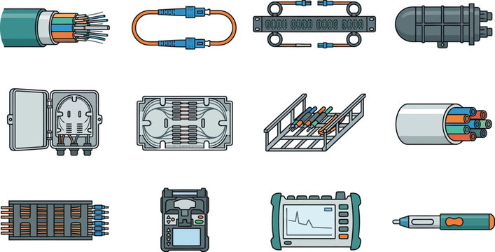 Fiber optic cable connectors and equipment a collection of communication technology icons for network infrastructure and data transmission isolated on white