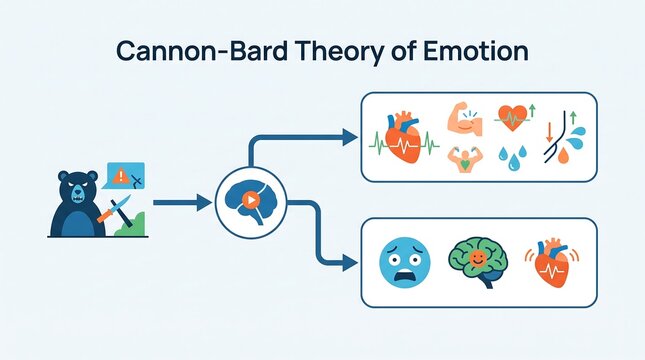 Vector graphic explaining Cannon Bard theory of emotion showing simultaneous physiological arousal and emotional experience