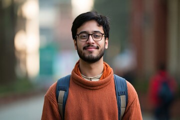 Fototapeta premium Young south asian man with glasses and backpack smiling outdoors in urban campus setting