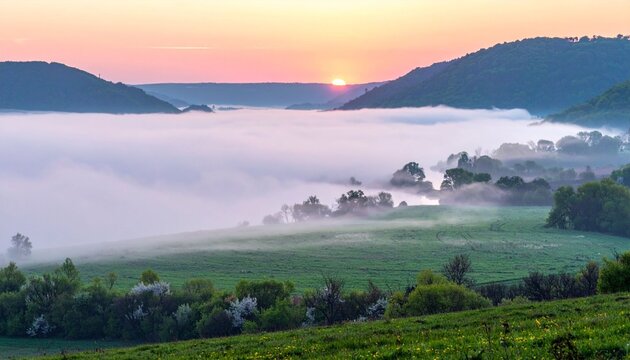 Sunrise Over Misty Valley with Rolling Green Hills