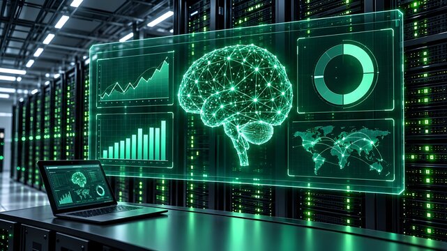 Artificial intelligence server infrastructure with glowing digital brain hologram and data dashboard representing machine learning and global network