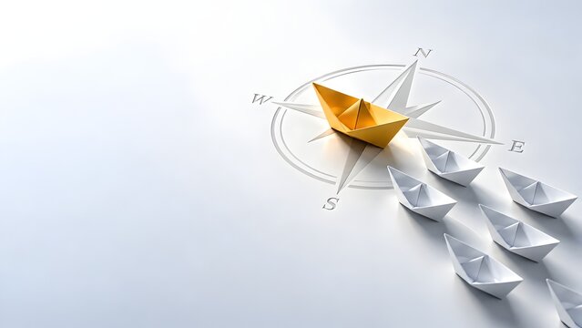 Yellow paper boat at center of compass guiding fleet of white boats representing leadership navigation and strategic direction