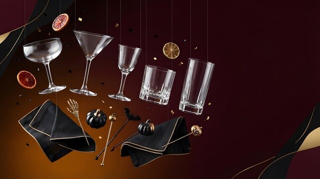Elegant collection of various crystal glassware and wine glasses arranged on a dark reflective surface for luxury dining