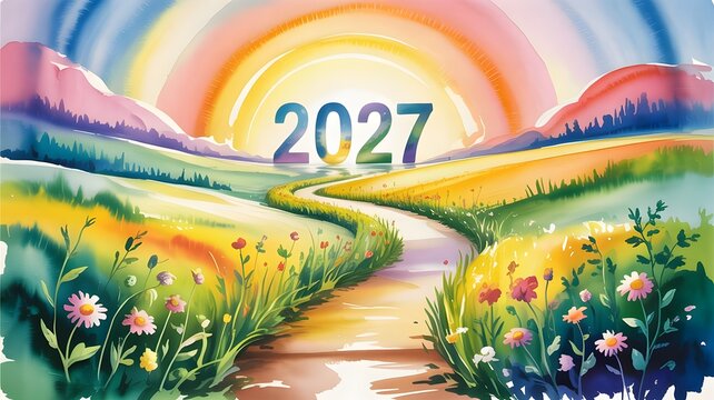 Watercolor landscape with a winding path leading to a bright sunrise and the year 2027 in a vibrant meadow