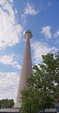 Germany Rheinturm Dusseldorf tower skyline urban landscape captures a famous television landmark within the modern cityscape of a major European travel destination.