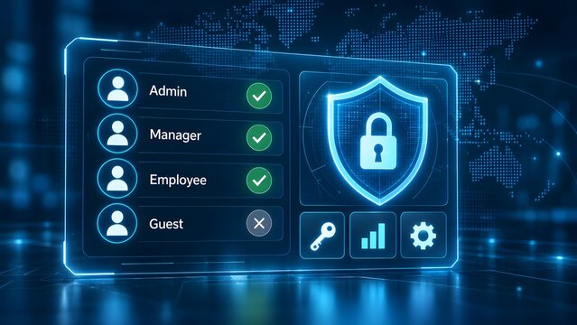 Access control management dashboard with digital user role permission settings and glowing security shield representing corporate authentication