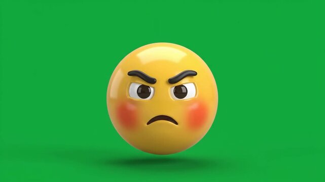 Angry yellow emoji with furrowed brows and red cheeks on a green background, expressing frustration and displeasure.