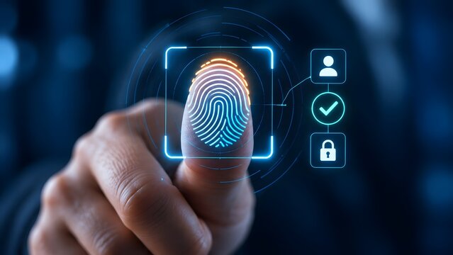 Biometric fingerprint scanner interface with glowing digital identity verification checkmark and security lock representing personal authentication