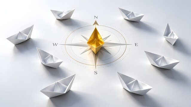 Golden origami boat at center of compass surrounded by white boats representing strategic leadership and business navigation