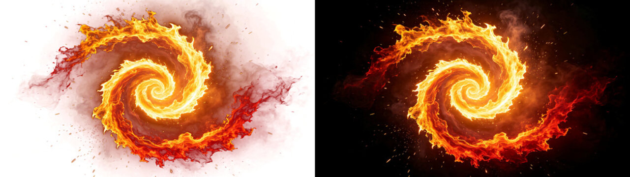 Png of dynamic spiral fire vortex with glowing flames and sparks, abstract swirling blaze effect isolated on transparent background
