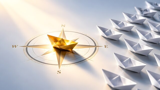 Golden origami boat on compass pointing towards light ray leading white boats representing visionary leadership and bright future
