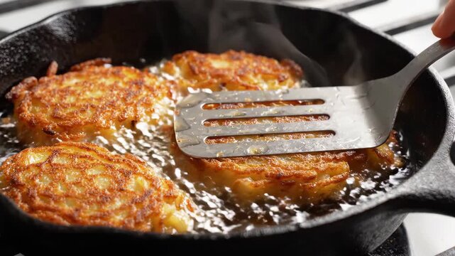 Golden potato pancakes frying in hot oil in a cast iron skillet, being flipped.