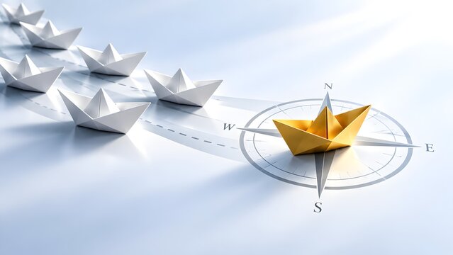 Golden origami boat leading white boats along dotted path over compass symbol representing guided business strategy and successful journey