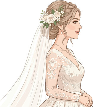 Beautiful bride in elegant lace wedding dress with veil smiling in side profile view