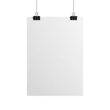 Blank white paper poster hanging with black clips isolated on transparent background