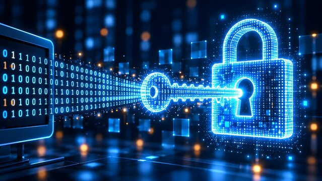 Cybersecurity encryption concept with glowing digital padlock and key decoding binary data stream representing network protection