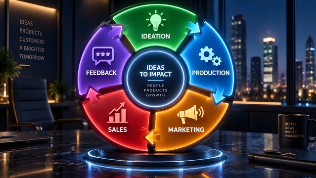 Glowing neon circular business cycle chart displaying ideation production marketing sales and feedback representing growth strategy