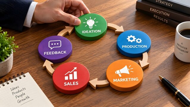Hand assembling circular wooden puzzle of business process with ideation production marketing sales and feedback steps