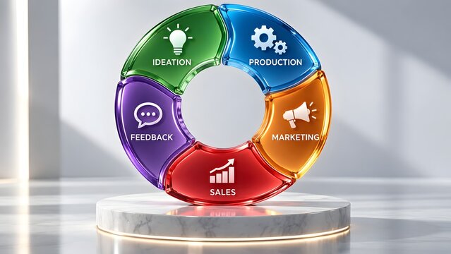 Glossy colorful circular business process chart on marble podium displaying ideation production marketing sales and feedback