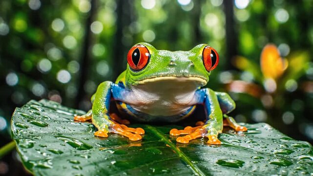 Red-eyed tree frog sitting on green tropical leaf