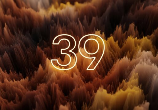 Glowing number 39 overlaid on a textured abstract landscape of brown and gold spiky peaks