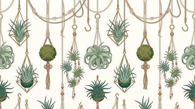 Seamless botanical pattern featuring hanging air plants, kokedama moss balls, and macrame hangers. Elegant boho interior decor illustration on white background. AI Generated.