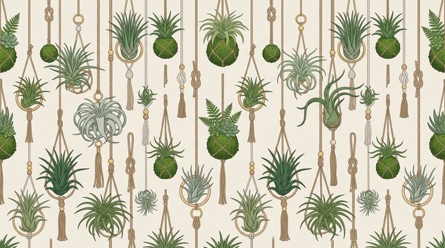 Seamless botanical pattern featuring hanging air plants, kokedama moss balls, and macrame hangers. Muted vintage aesthetic with green Tillandsia on beige. AI Generated.