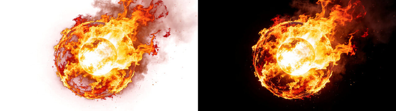 Png of a glowing sphere of fire and flames, a burning planet or cosmic orb engulfed in intense heat and smoke, isolated on transparent background